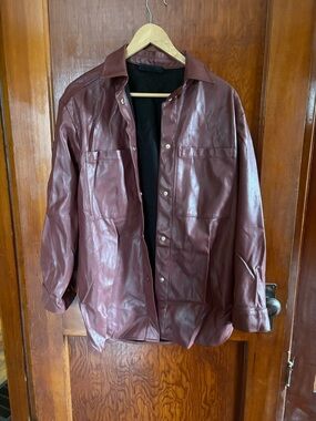 Women's Faux Leather Shirt Jacket in Deep Burgundy